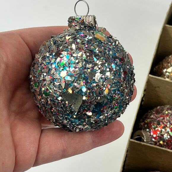 Vtg Decorated Shiny Brite Glitter Shard Glass Ornaments Set of 12 Mixed USA - Picture 4 of 16